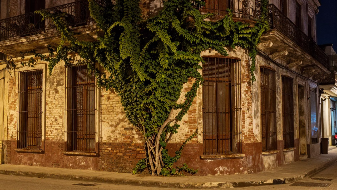 Late Night Havana Street Scene with Ivy Brick Wall and Rusty Metal Details in in Havana, Cuba