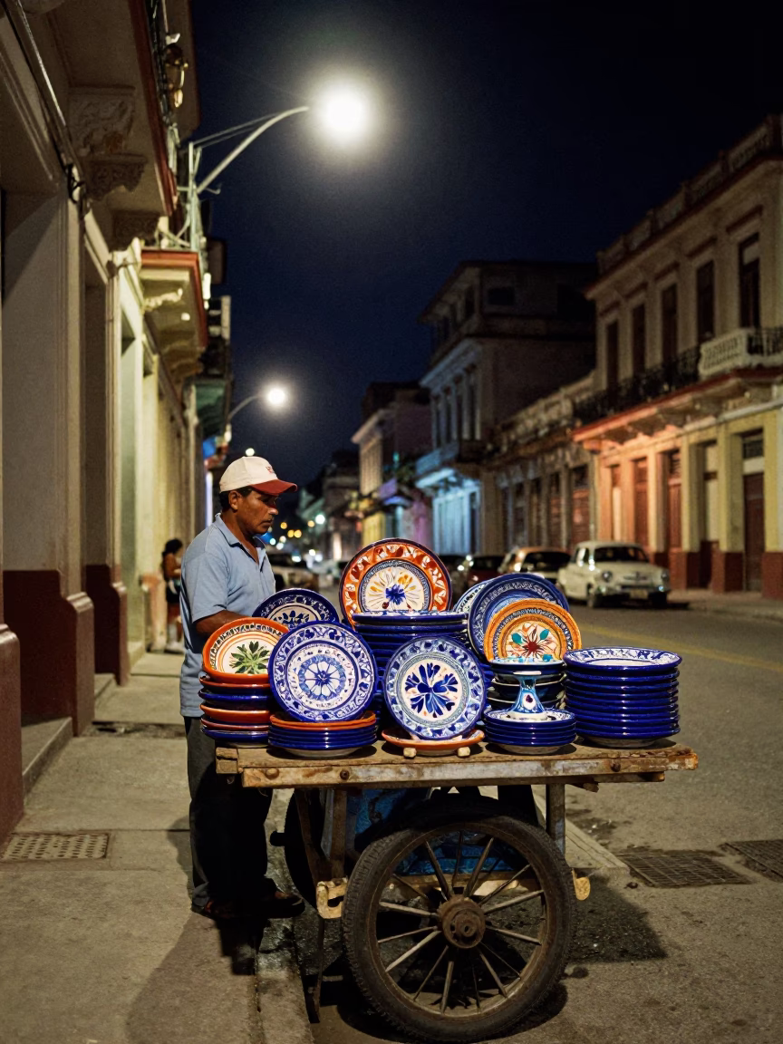 Late Night Havana Street Scene with Majolica Plates and Urban Decay in in Havana, Cuba