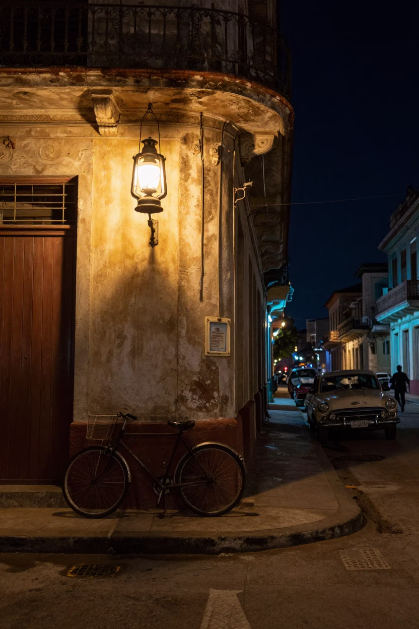 Late Night Havana Street Scene with Oil Lamp and Local Interaction in in Havana, Cuba