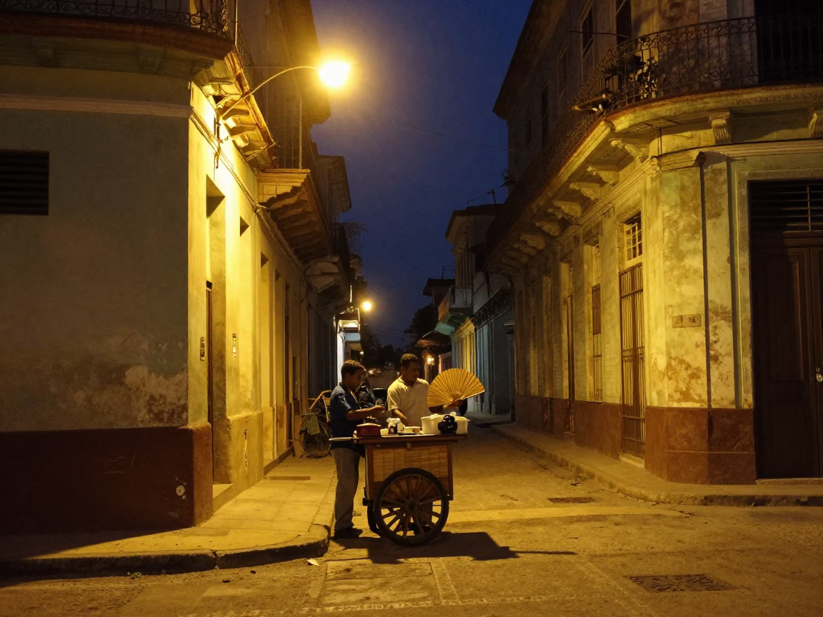 Late Night Havana Street Scene with Paper Fan and Urban Architecture in in Havana, Cuba