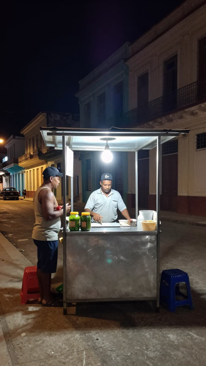 Late Night Havana Street Scene With Pickle Jar And Plate Of Churros Under Streetlight in in Havana, Cuba