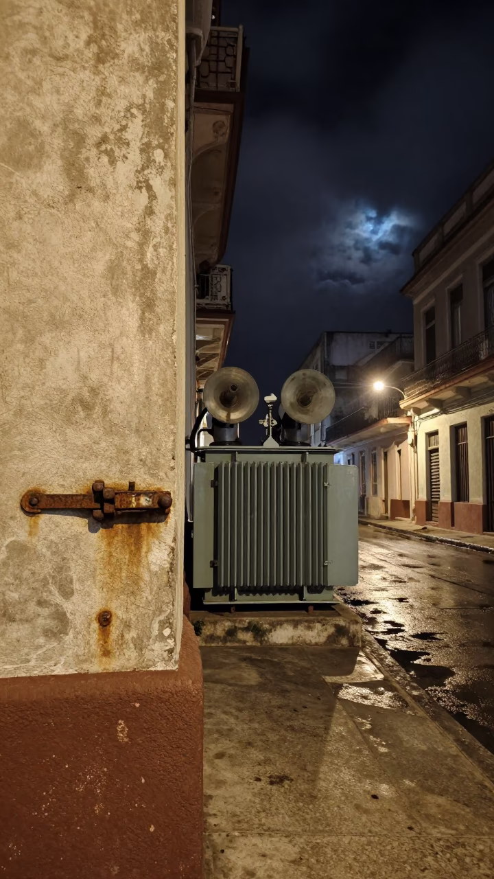 Late Night Havana Street Scene with Substation and Damp Alleyway Details in in Havana, Cuba