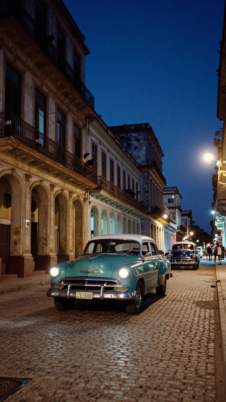 Late Night Havana Street Scene with Vintage American Car and Neon Lights in in Havana, Cuba