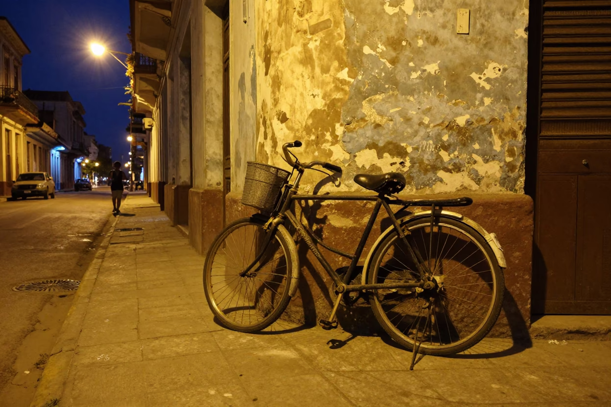 Late Night Havana Street Scene with Vintage Bicycle and Neon Sign in in Havana, Cuba