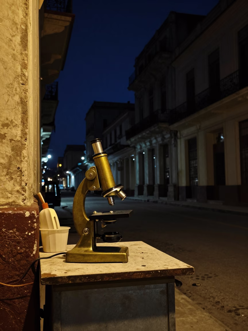 Late Night Havana Street Scene with Vintage Brass Microscope and Wicker Shadow on Tile in in Havana, Cuba