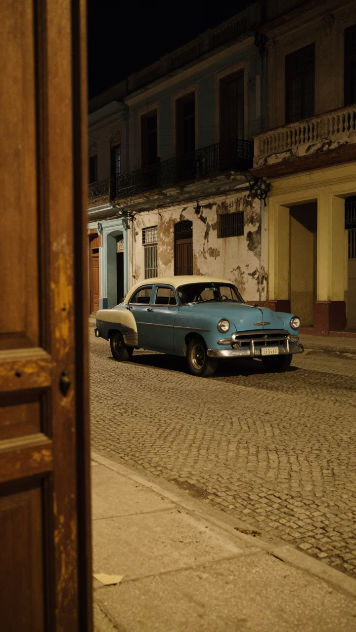 Late Night Havana Street Scene With Vintage Car And Latch Detail in in Havana, Cuba