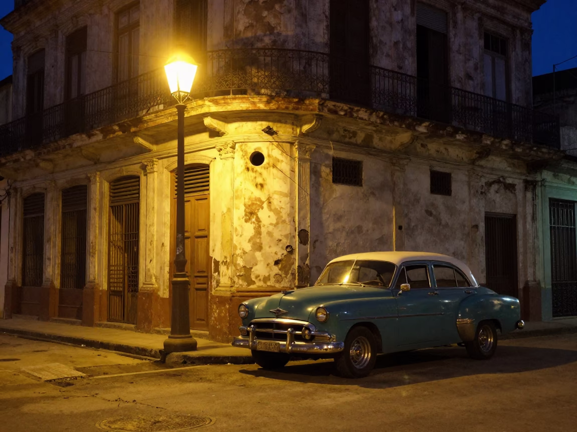 Late Night Havana Street Scene with Vintage Car and Local Life in in Havana, Cuba