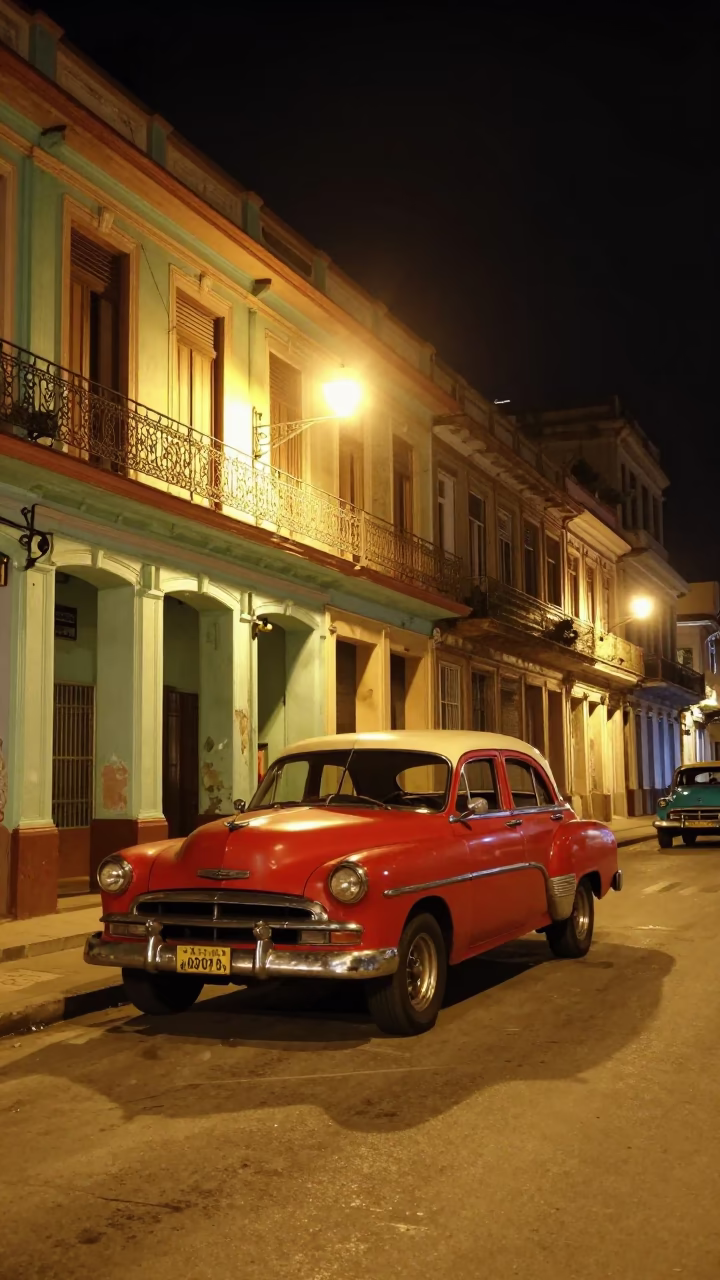 Late Night Havana Street Scene with Vintage Car and Local Tools in in Havana, Cuba
