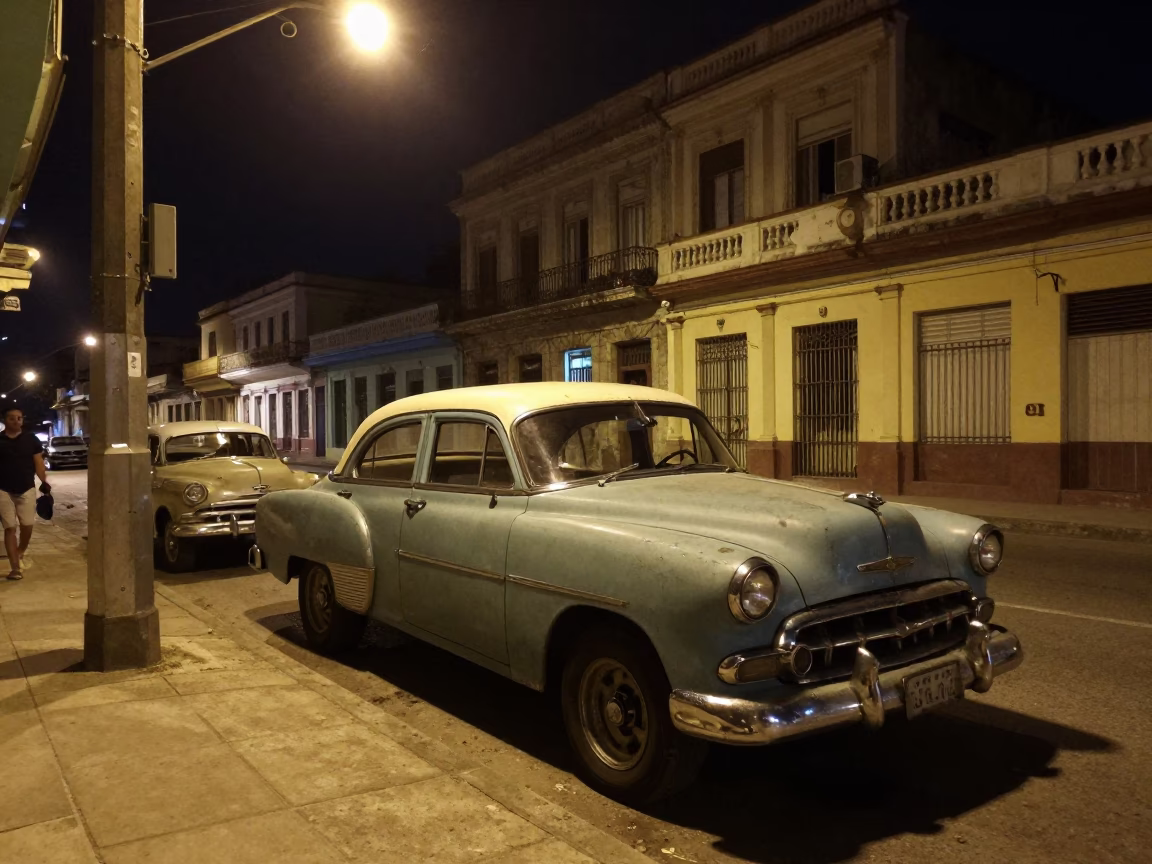 Late Night Havana Street Scene with Vintage Car and Local Vendor in in Havana, Cuba