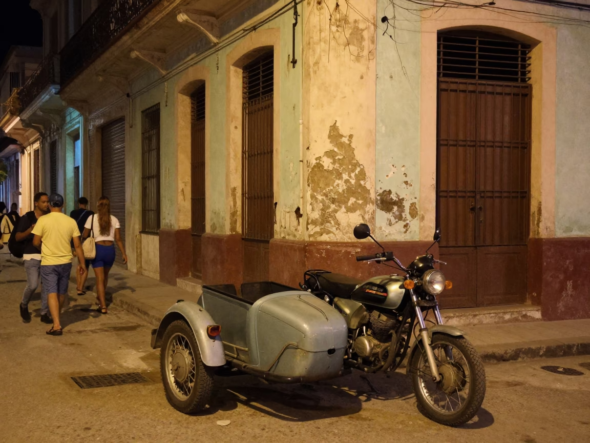 Late Night Havana Street Scene with Vintage Motorcycle and Crate in in Havana, Cuba