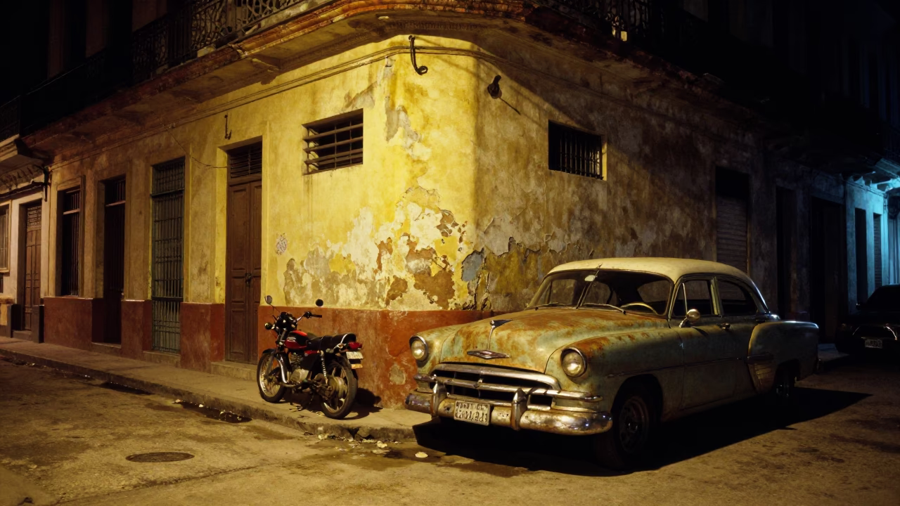 Late Night Havana Street Scene with Vintage Motorcycle and Neon Sign in in Havana, Cuba