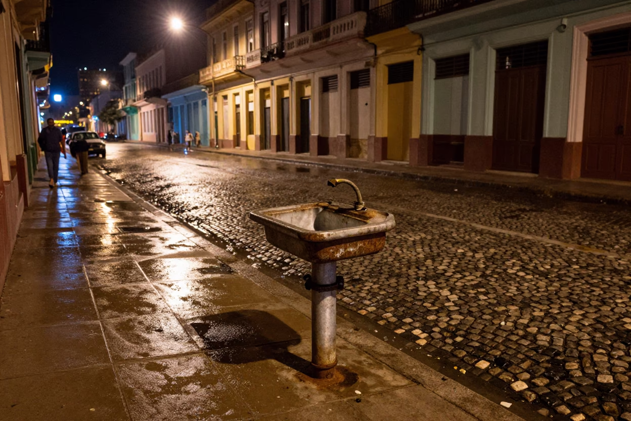 Late Night Havana Street Scene with Vintage Sink and Blinking Red Beacon Light in in Havana, Cuba