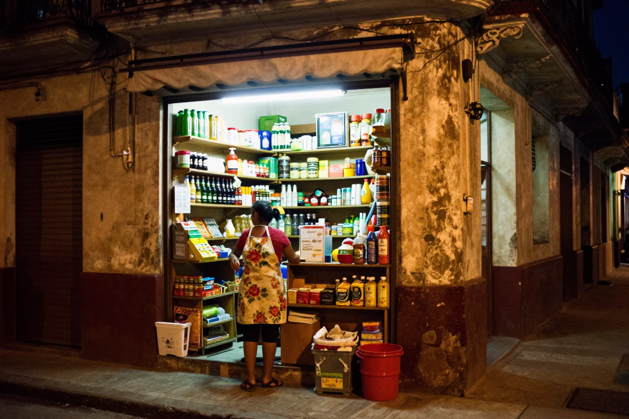Late Night Havana Street Scene with Woman in Apron at Corner Store in in Havana, Cuba