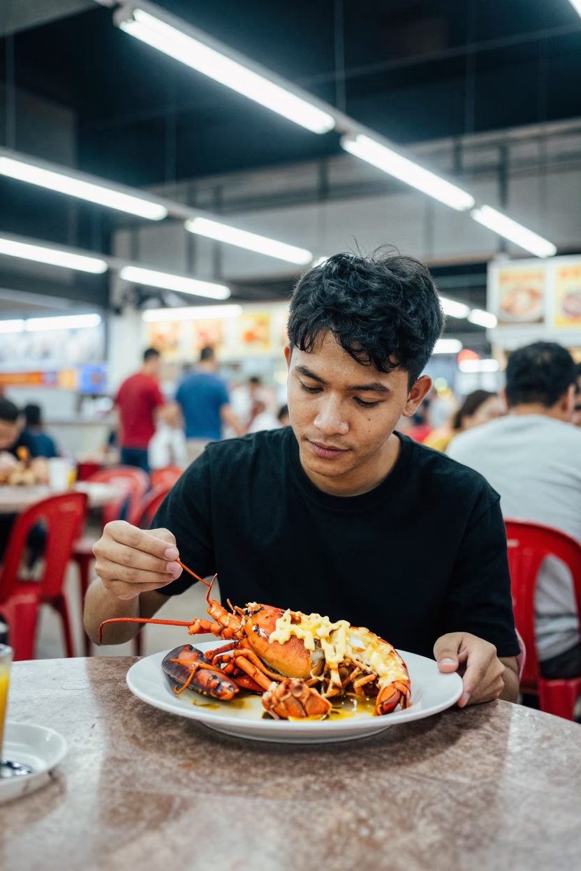 Late Night Hawker Centre Diner Enjoying Lobster Dinner with Drawn Butter in Singapore in in Singapore, Singapore