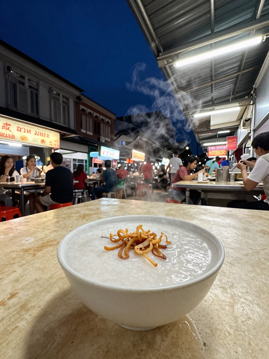 Late Night Hawker Centre Street Food Scene in Singapore Under Dark Sky in in Singapore, Singapore