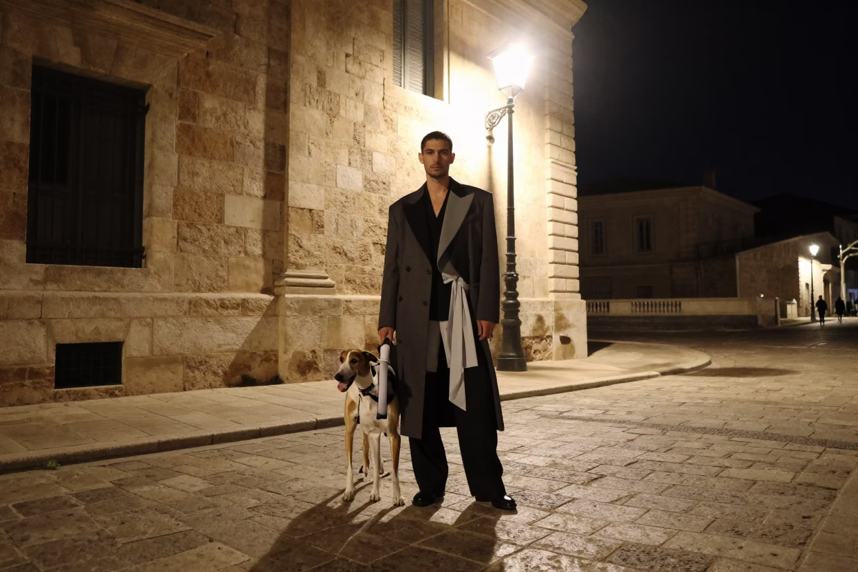 Late Night High Fashion Editorial in Marseille France with Ibizan Hound and Magazine Rack in in Marseille, France