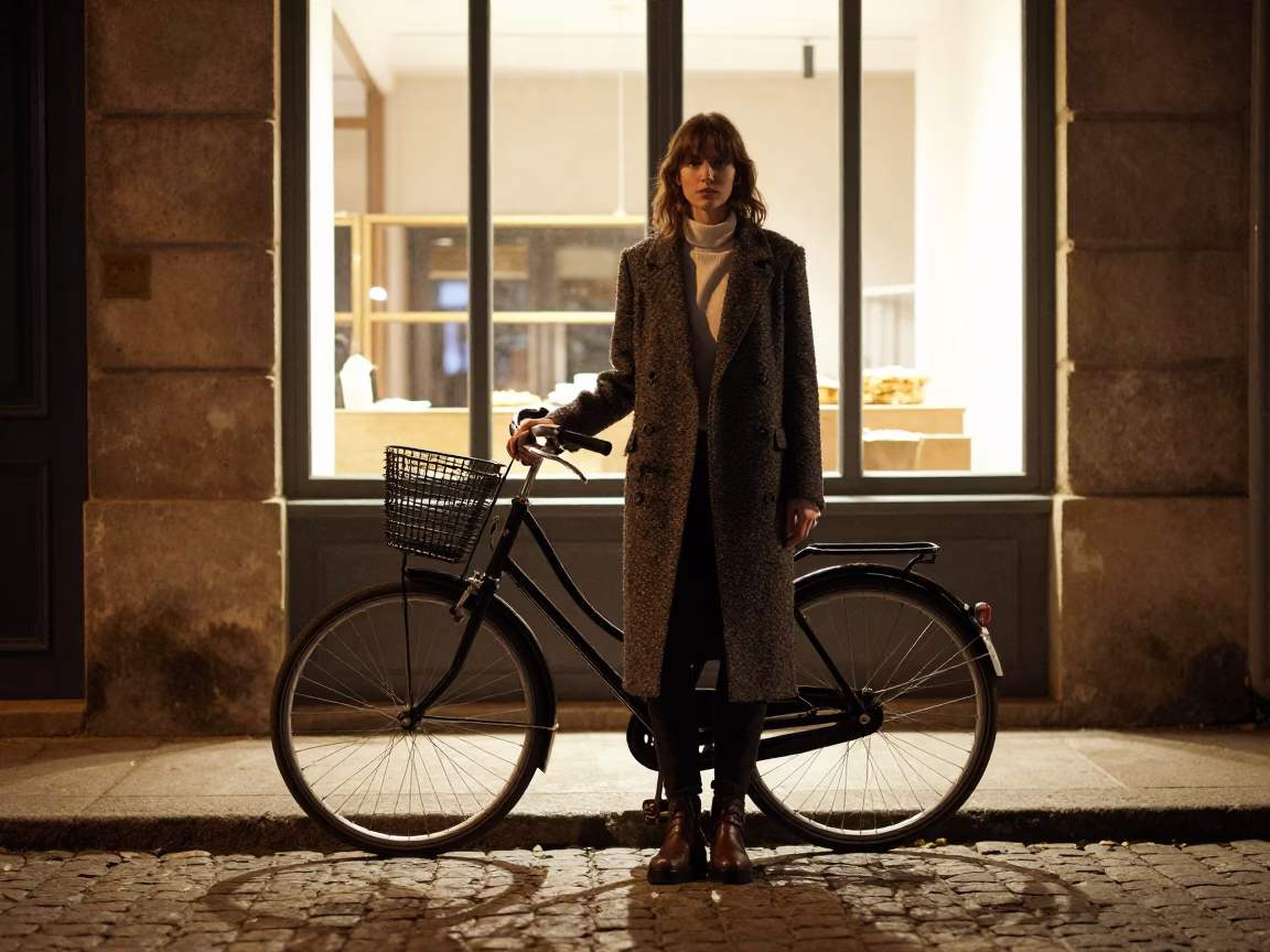 Late Night High Fashion Portrait in Nice France with Vintage Bicycle and Bakery in in Nice, France