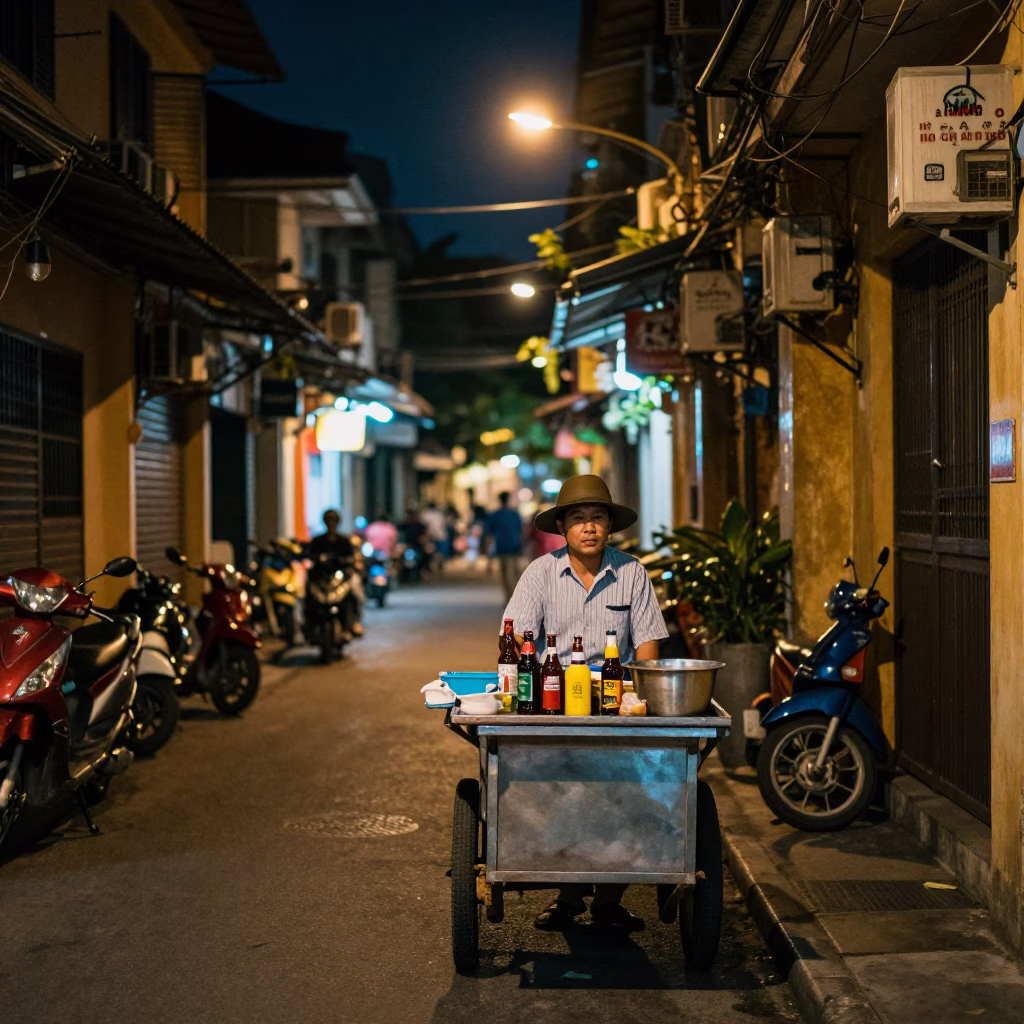 Late Night Ho Chi Minh City Street Scene with Bottle Opener and Succulents in in Ho Chi Minh City, Vietnam