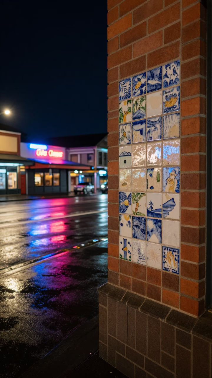 Late Night Hobart Harbor Street Scene with Ceramic Tiles and Soap Case in in Hobart, Tasmania, Australia