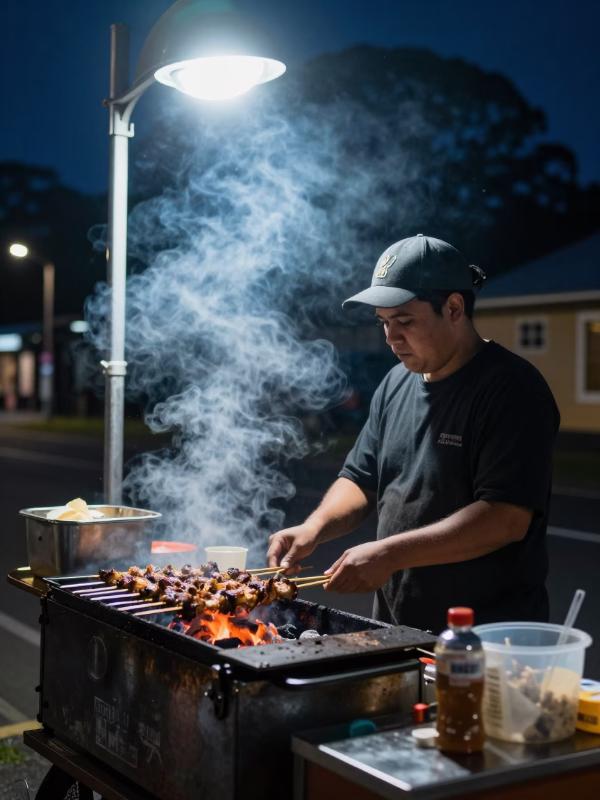 Late Night Hobart Street Food Scene with Grilled Kebab and Tea in in Hobart, Tasmania, Australia