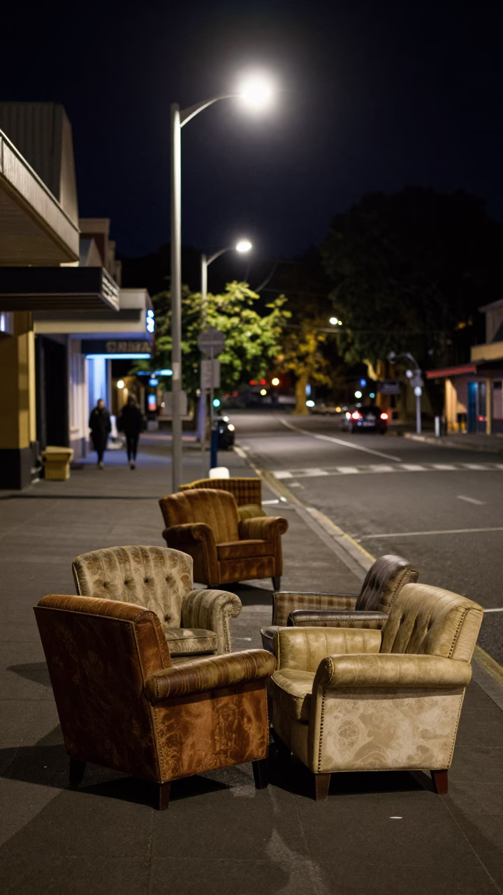 Late Night Hobart Street Scene with Armchairs and Brushed Steel Details in in Hobart, Tasmania, Australia