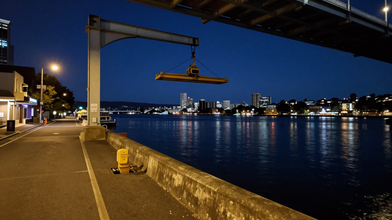 Late Night Hobart Street Scene with Bridge Maintenance Cradle and River Reflections in in Hobart, Tasmania, Australia