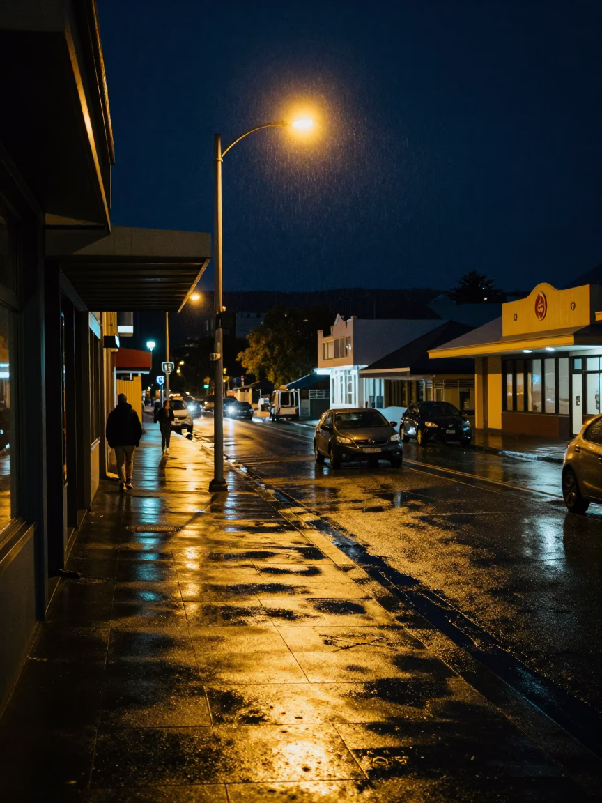 Late Night Hobart Street Scene with Condensation on Countertop and Grapes in in Hobart, Tasmania, Australia