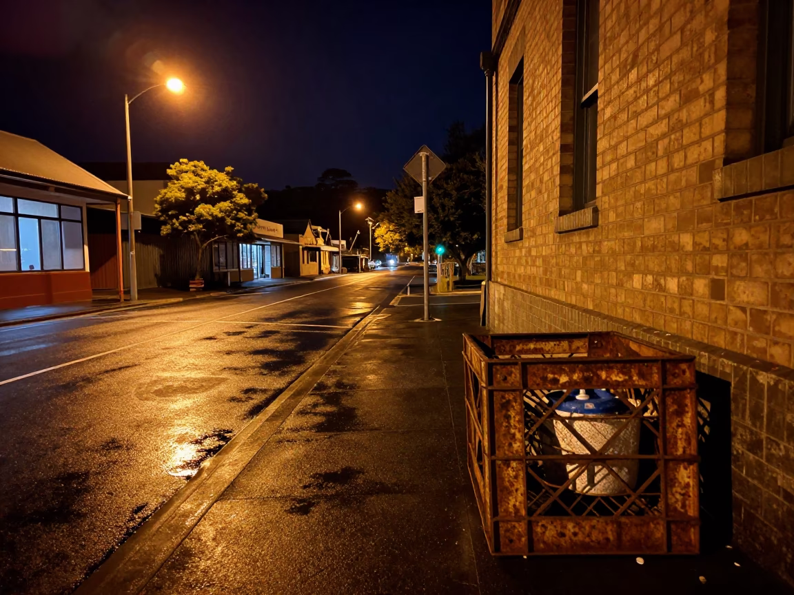 Late Night Hobart Street Scene with Crate and Watering Bottle in in Hobart, Tasmania, Australia