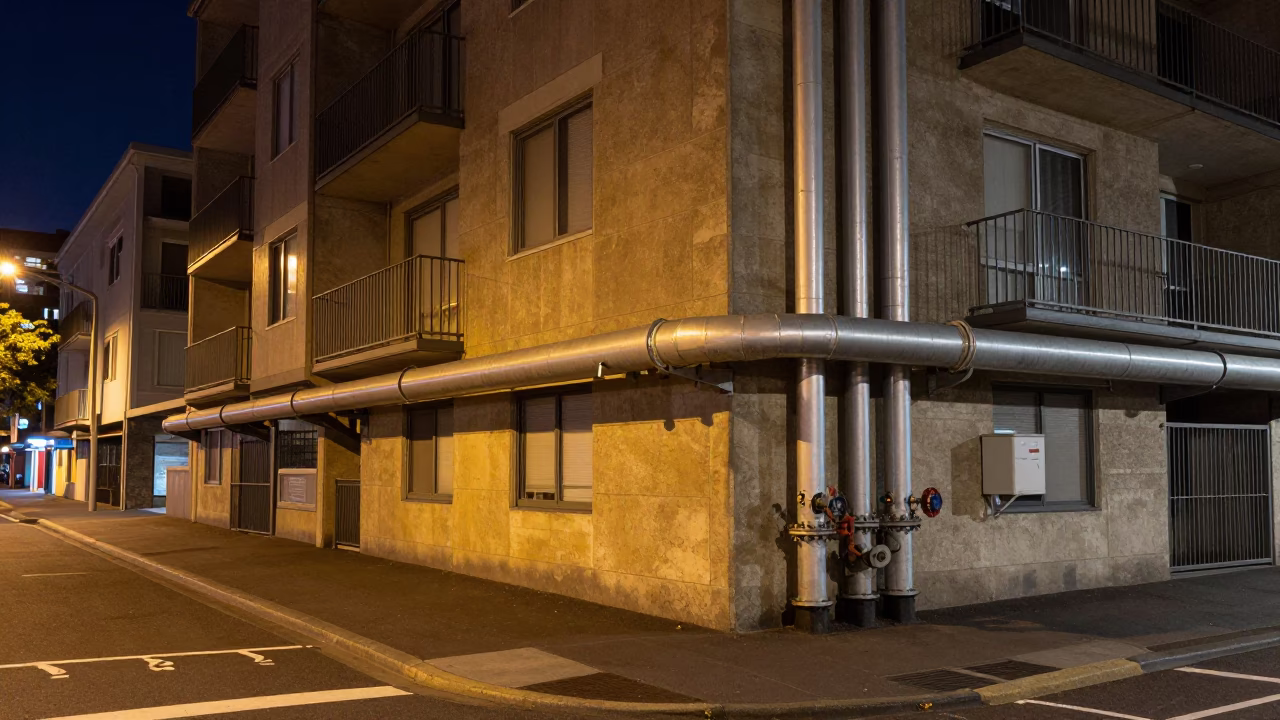 Late Night Hobart Street Scene with District Heating Pipes and Urban Infrastructure in in Hobart, Tasmania, Australia