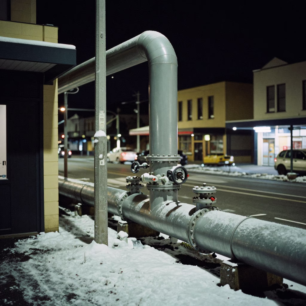 Late Night Hobart Street Scene with District Heating Pipes and Urban Snow in in Hobart, Tasmania, Australia
