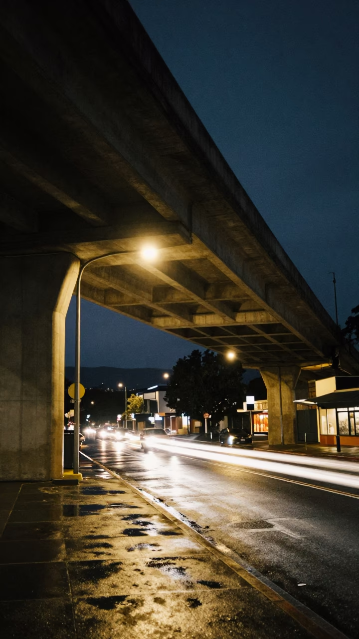 Late Night Hobart Street Scene with Flyover Shadows and Coffee Tin in in Hobart, Tasmania, Australia