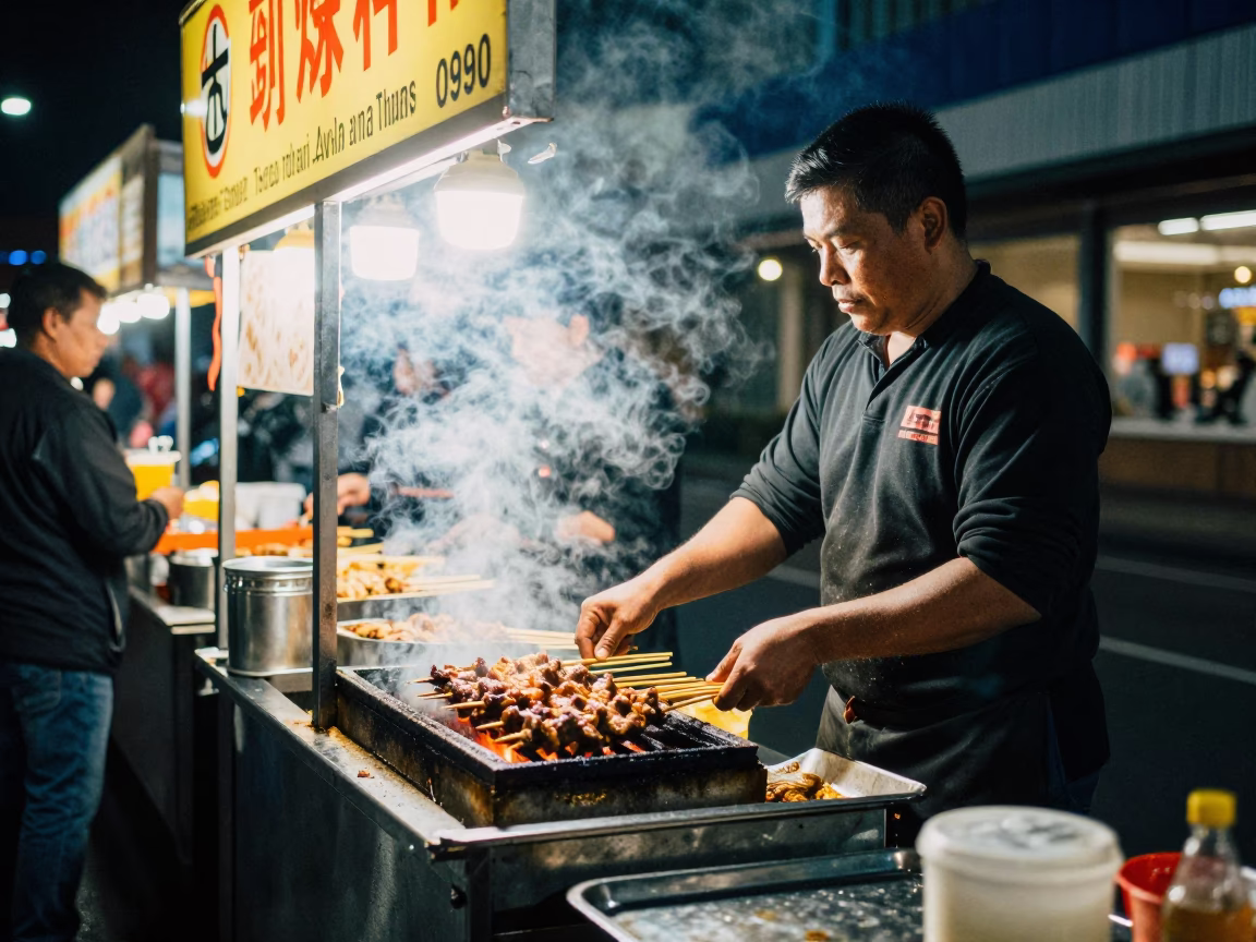 Late Night Hobart Street Scene with Food Stall and Urban Background in in Hobart, Tasmania, Australia