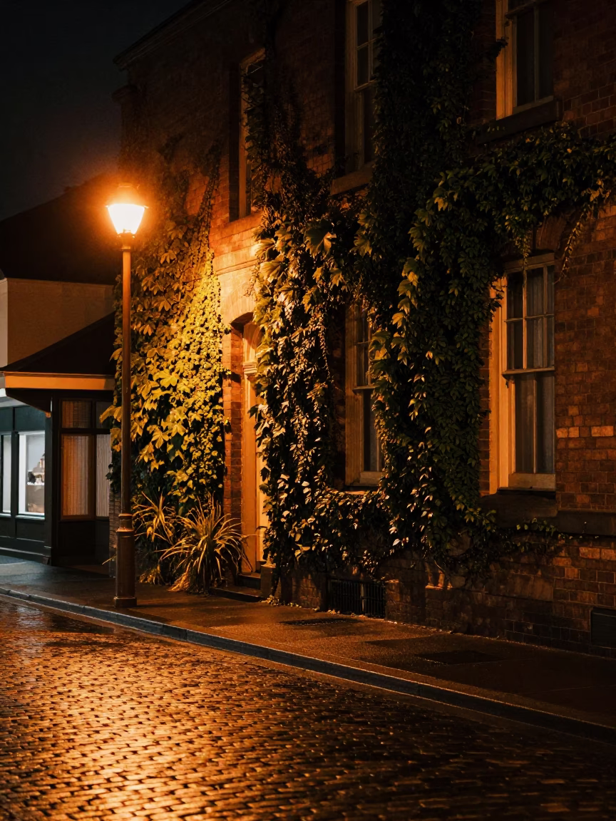Late Night Hobart Street Scene with Ivy and Window Reflections in in Hobart, Tasmania, Australia