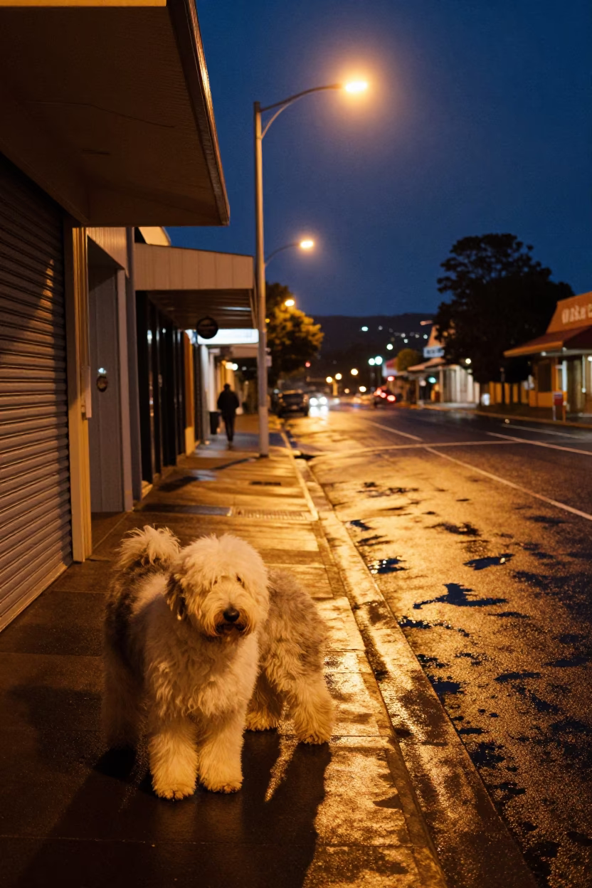 Late Night Hobart Street Scene with Old English Sheepdog and Window Light Reflections in in Hobart, Tasmania, Australia