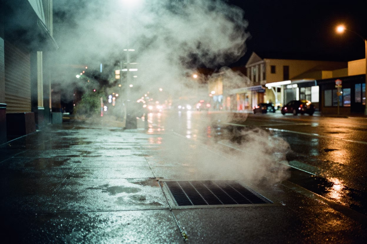 Late Night Hobart Street Scene with Steam Haze and Urban Details in in Hobart, Tasmania, Australia