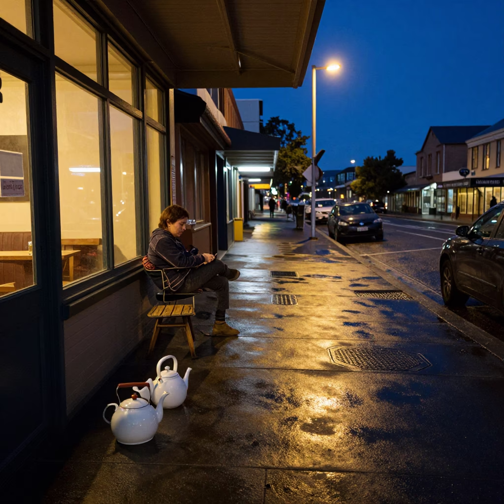 Late Night Hobart Street Scene with Tea Kettles and Window Light in in Hobart, Tasmania, Australia