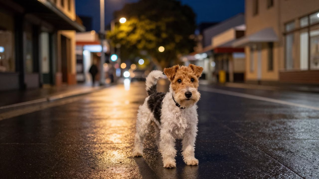 Late Night Hobart Street Scene with Toy Fox Terrier and Streetlights in in Hobart, Tasmania, Australia