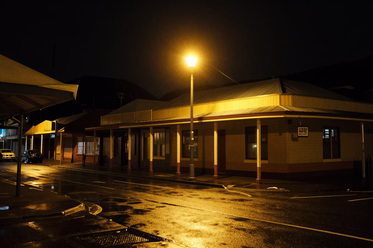 Late Night Hobart Street Scene with Vintage 1990s Aesthetic and Urban Details in in Hobart, Tasmania, Australia
