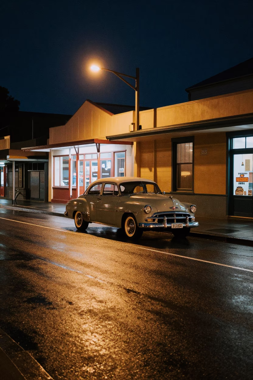 Late Night Hobart Street Scene with Vintage Automobile and Neon Signage in in Hobart, Tasmania, Australia
