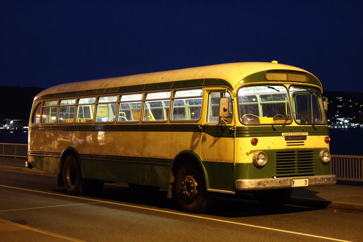 Late Night Hobart Street Scene with Vintage Bedford Bus and Urban Shadows in in Hobart, Tasmania, Australia