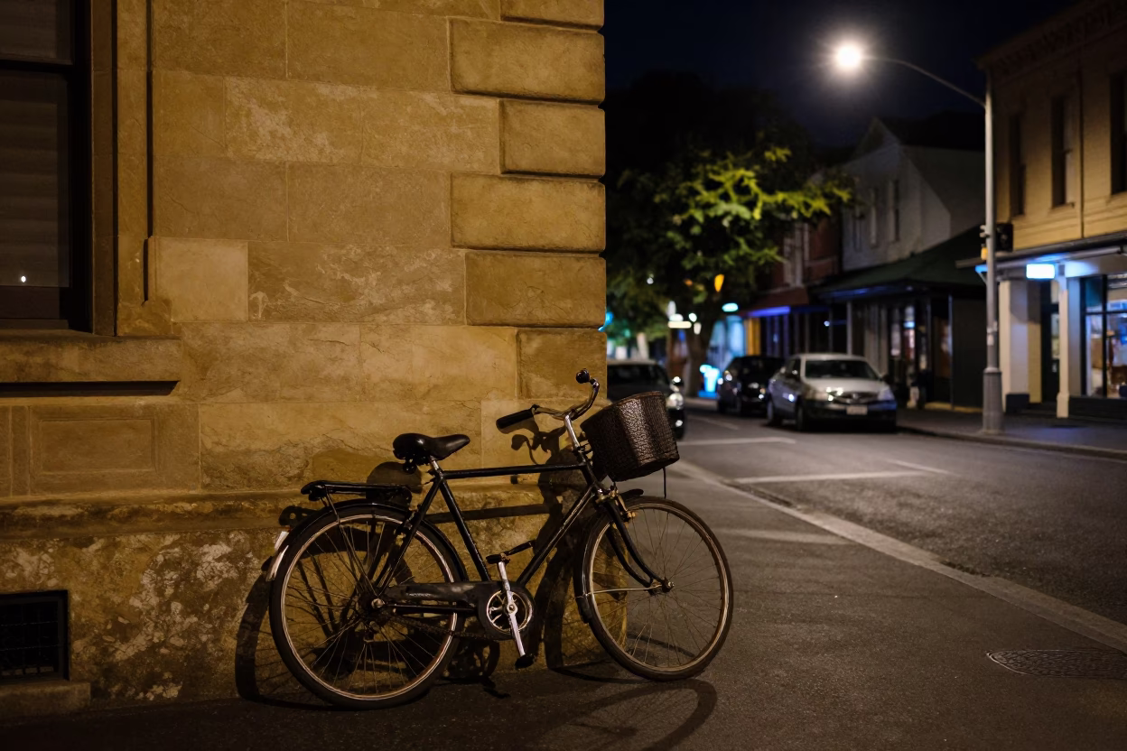 Late Night Hobart Street Scene with Vintage Bicycle and Cobblestone Alley at Night in in Hobart, Tasmania, Australia