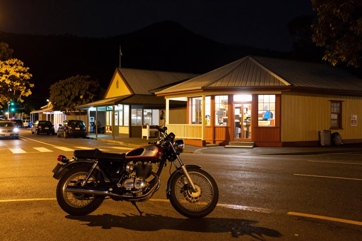 Late Night Hobart Street Scene with Vintage Motorcycle and Rusty Kettle in in Hobart, Tasmania, Australia