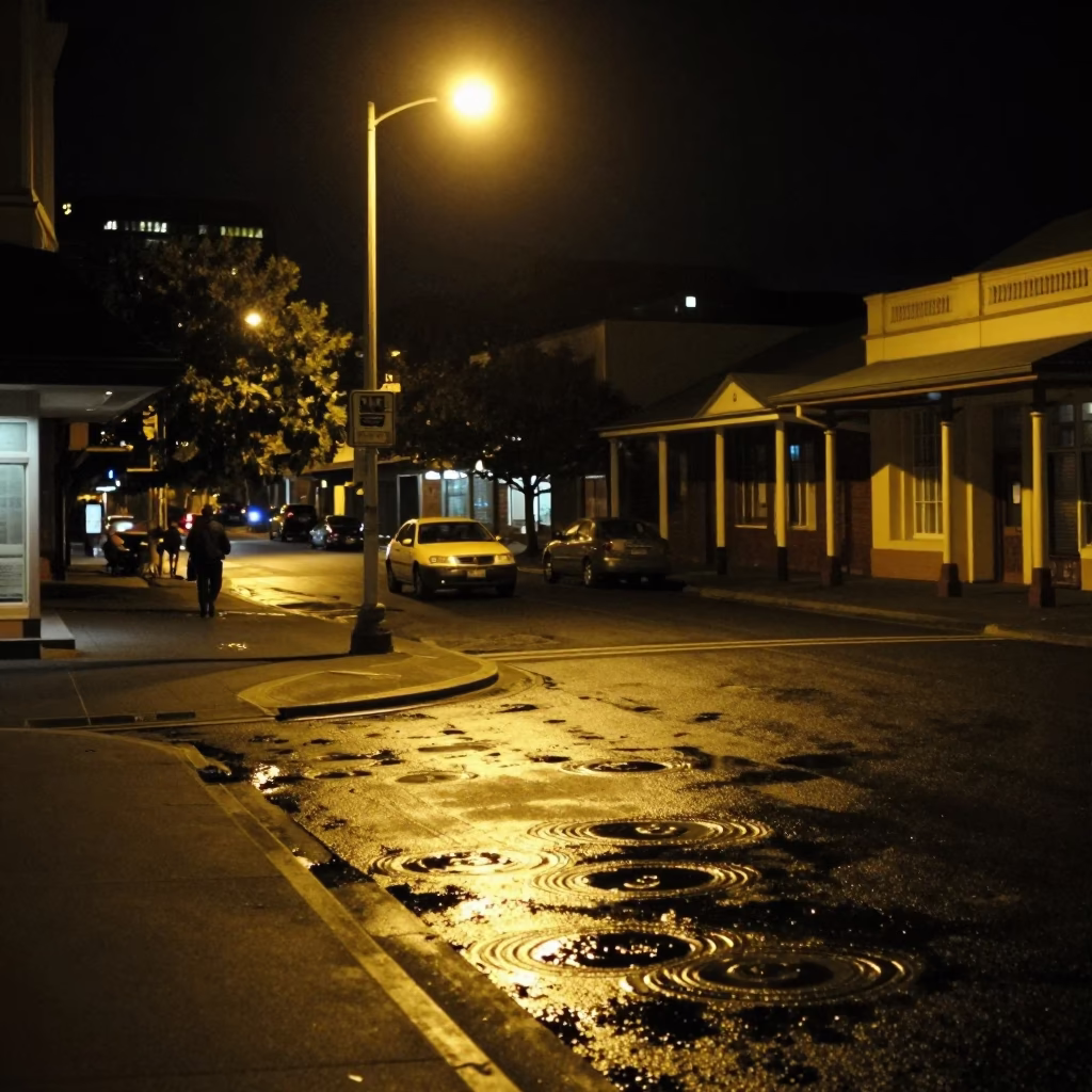 Late Night Hobart Street Scene with Water Rings and Soap Case in in Hobart, Tasmania, Australia