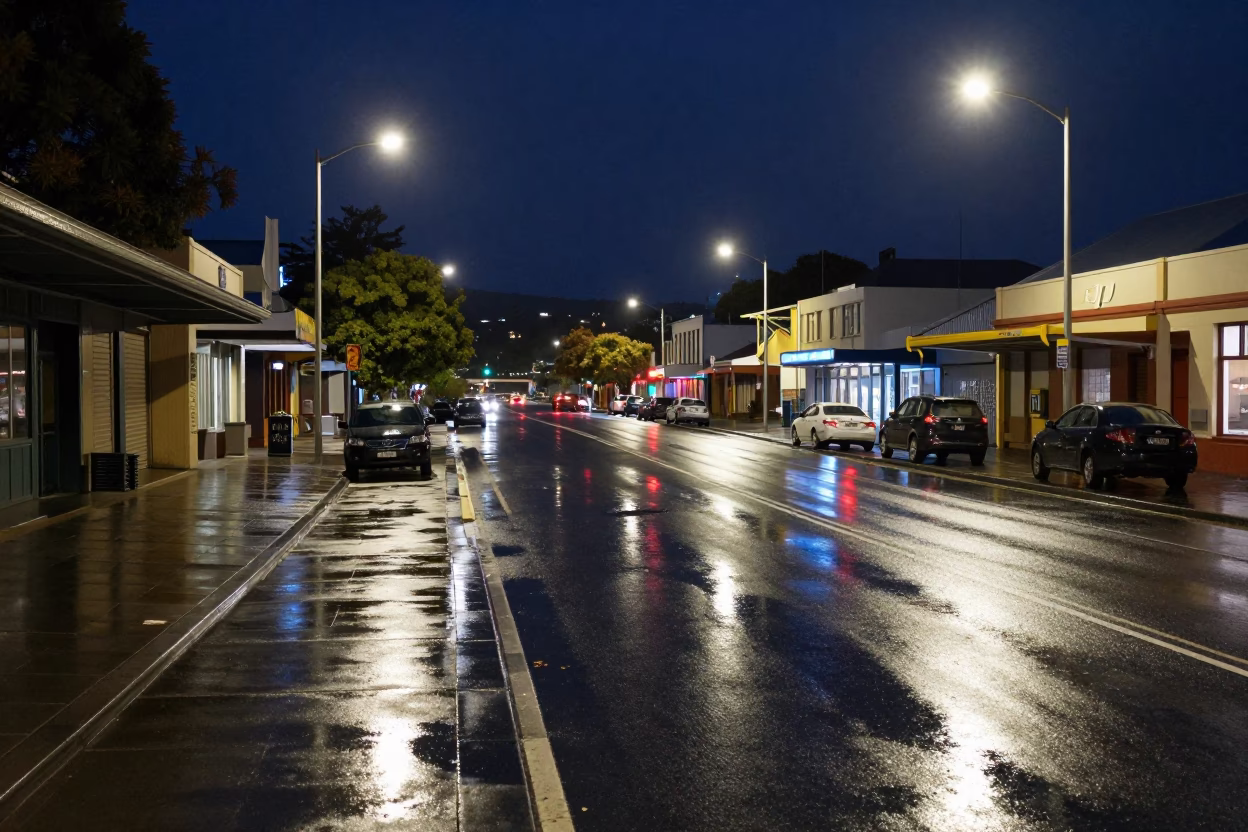 Late Night Hobart Street Scene with Wet Pavement Reflections and Distant City Lights in in Hobart, Tasmania, Australia