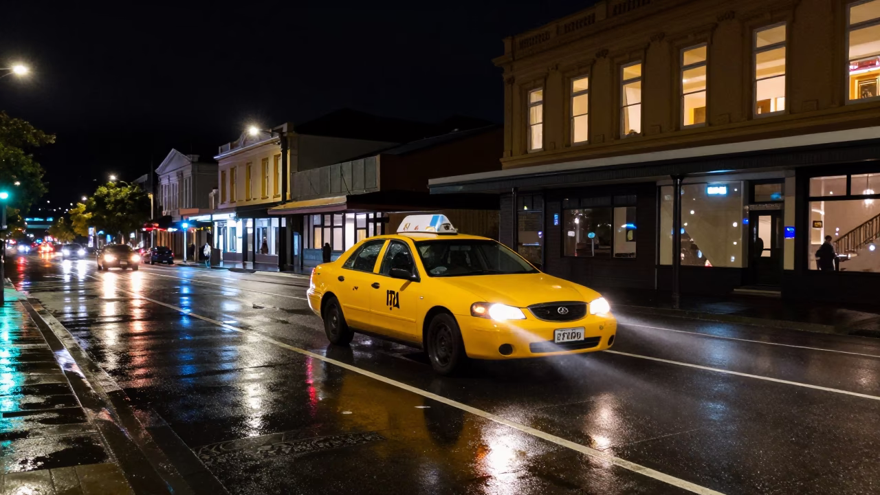 Late Night Hobart Street Scene with Yellow Taxi and Wet Pavement Reflections in in Hobart, Tasmania, Australia