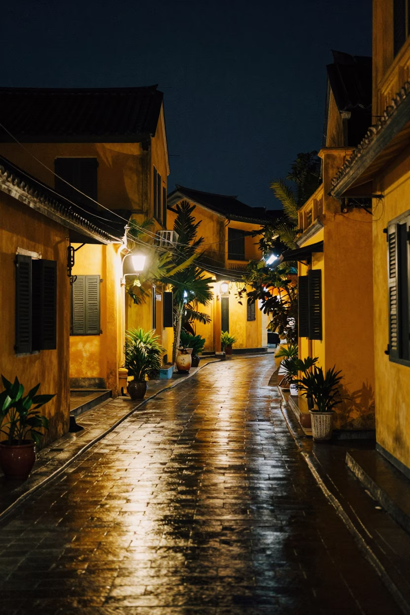 Late Night Hoi An Ancient Town Street Scene with Yellow Walls and Lanterns in in Hoi An, Vietnam