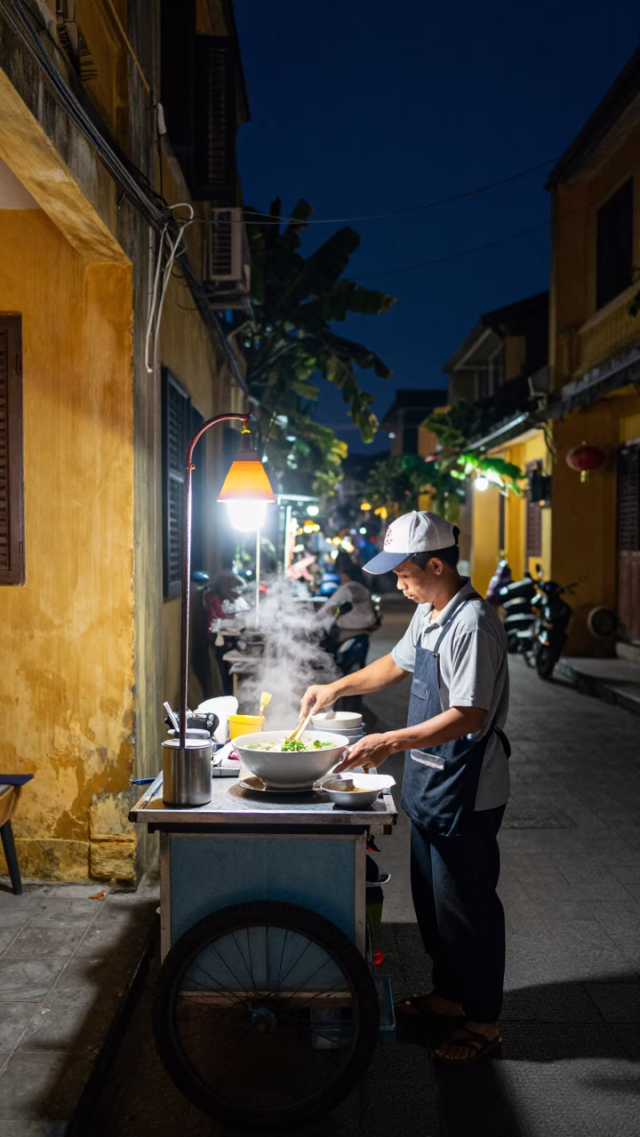 Late Night Hoi An Street Food Scene with Hurricane Lamp and Pho Bowl in in Hoi An, Vietnam