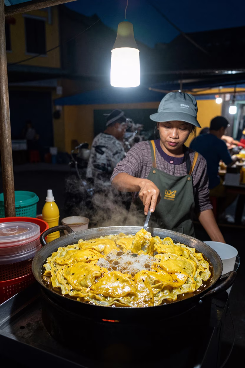 Late Night Hoi An Street Food Scene with Sizzling Vietnamese Crepes in in Hoi An, Vietnam
