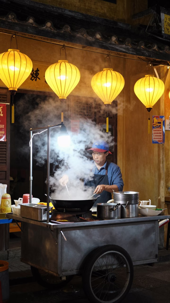 Late Night Hoi An Street Food Vendor Cooking with Steam and Lanterns in in Hoi An, Vietnam