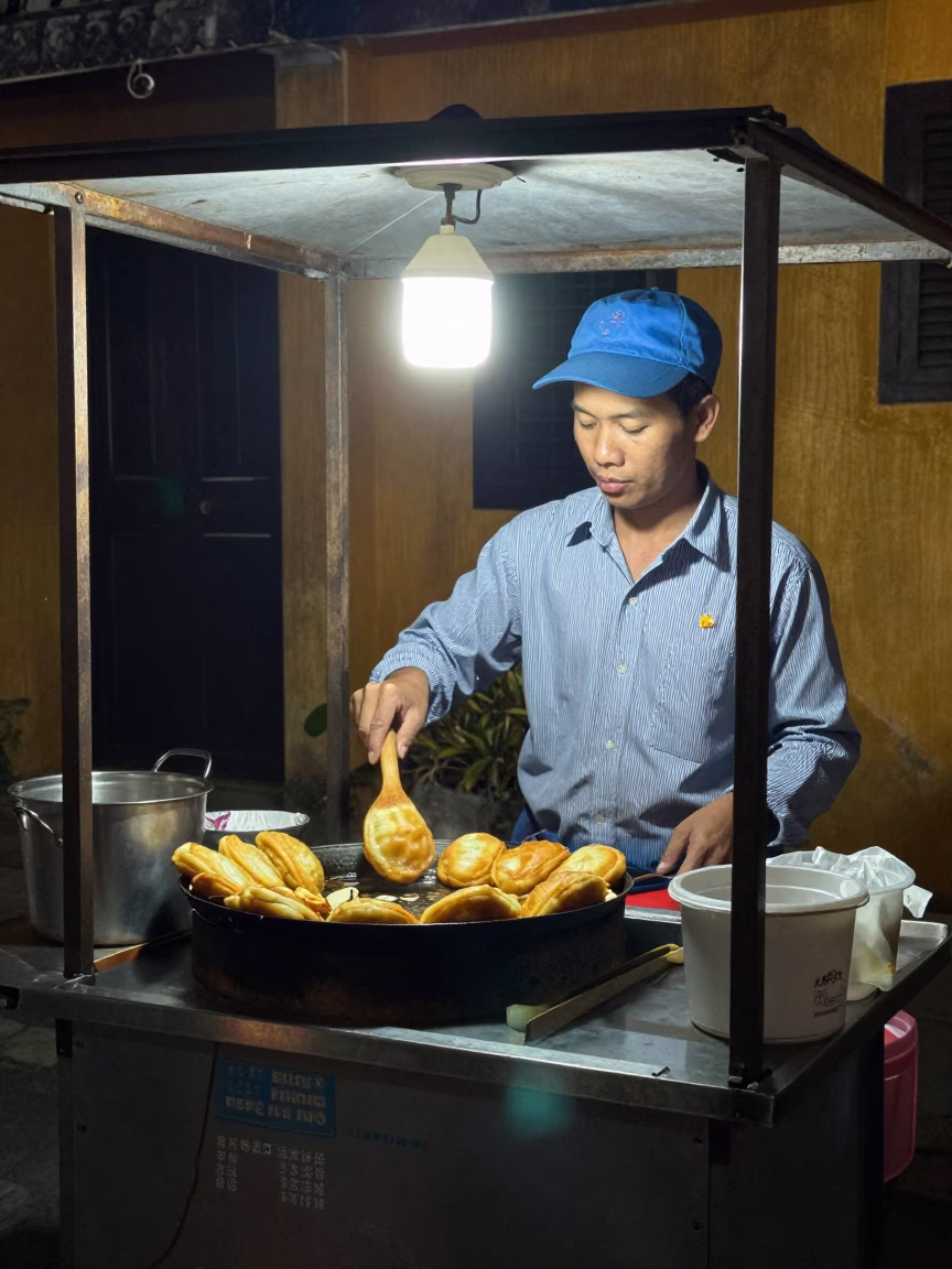 Late Night Hoi An Street Food Vendor Serving Fried Snacks Under Warm Paper Lanterns in in Hoi An, Vietnam
